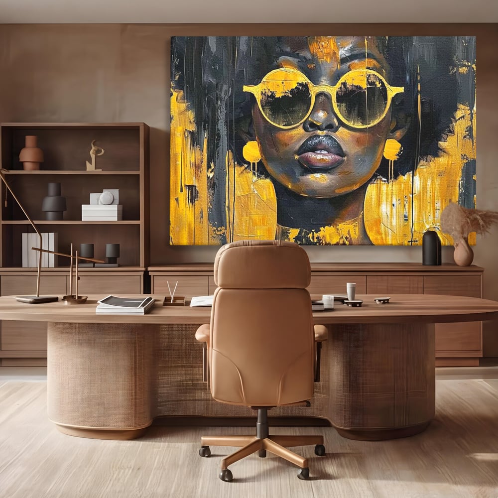 Tablou canvas cu tablou canvas cu femeie afro si ochelari, fara rama, pe sasiu de lemn, pe perete intr-un birou